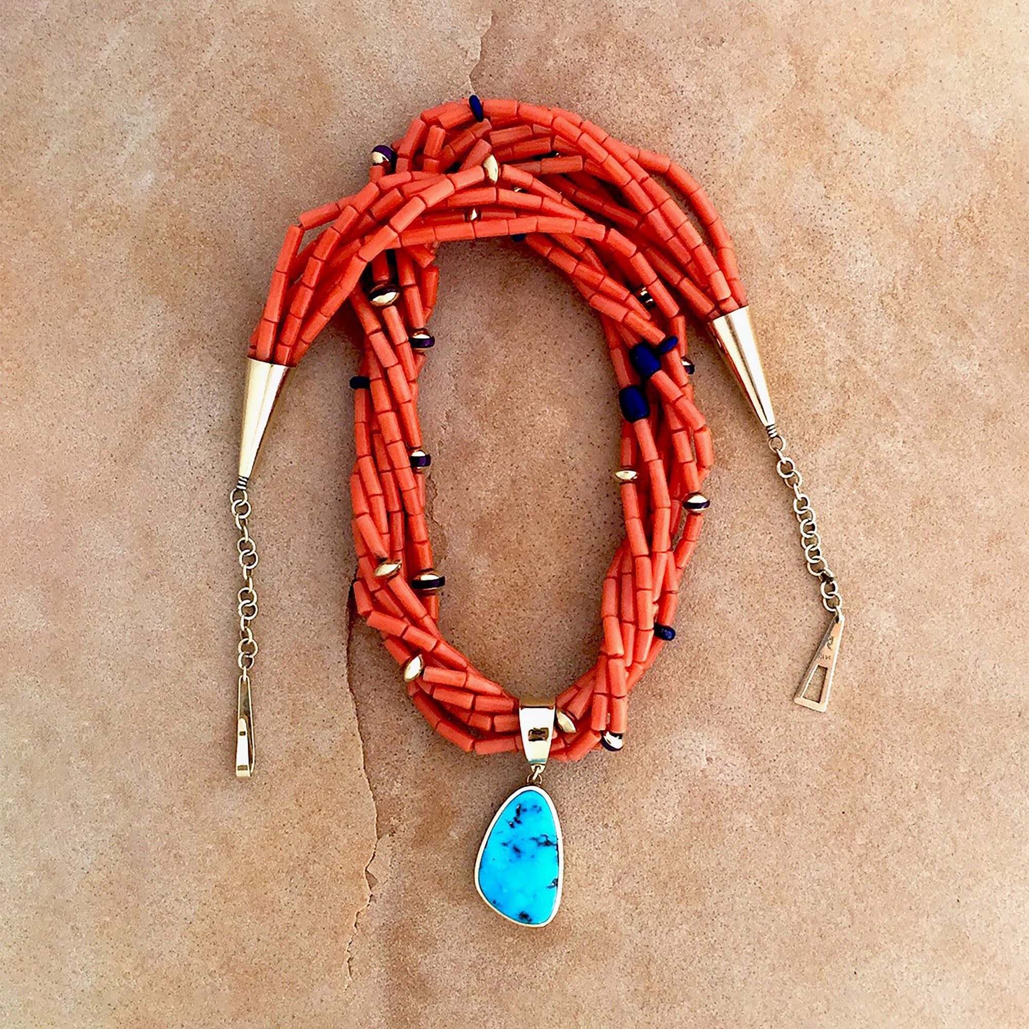 SOLD Ric Charlie Red Coral Necklace with Removable 14k Gold Pendant with Morenci Turquoise
