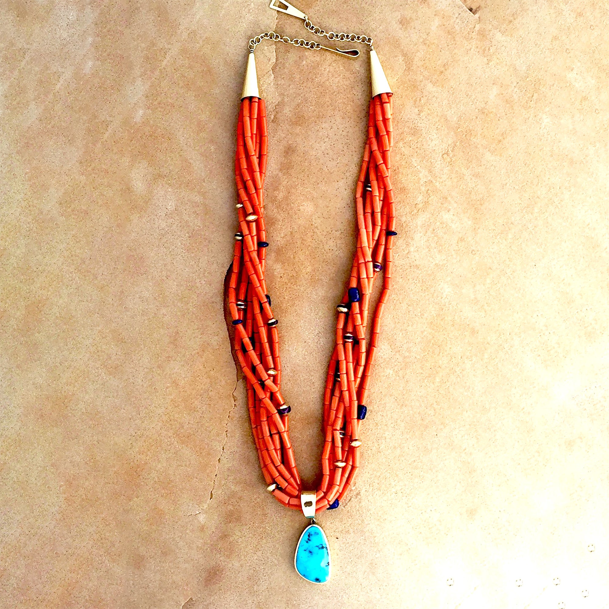 SOLD Ric Charlie Red Coral Necklace with Removable 14k Gold Pendant with Morenci Turquoise