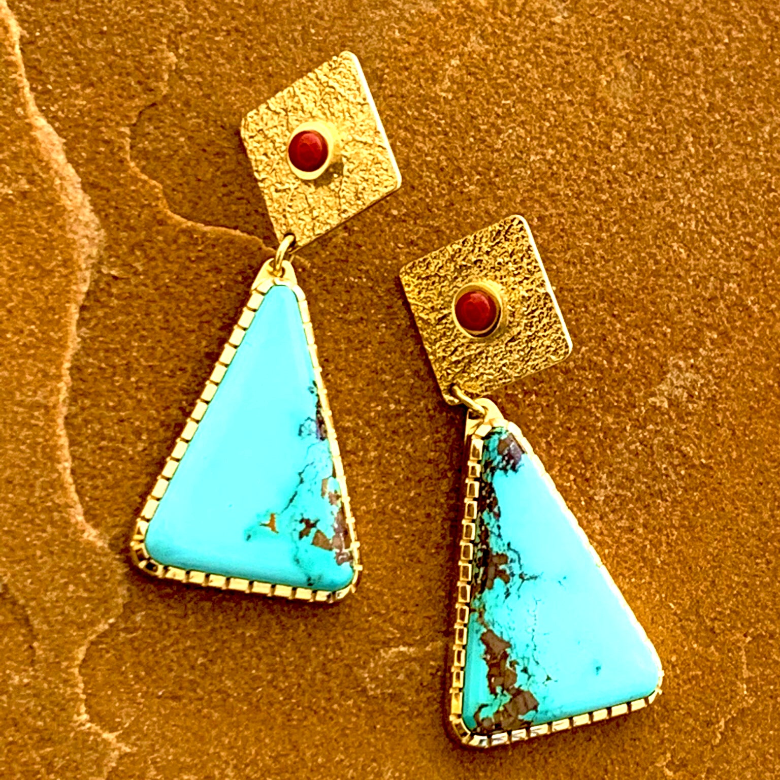SOLD Ric Charlie Tufa Cast Earrings set with Coral and Natural Royston Turquoise.
