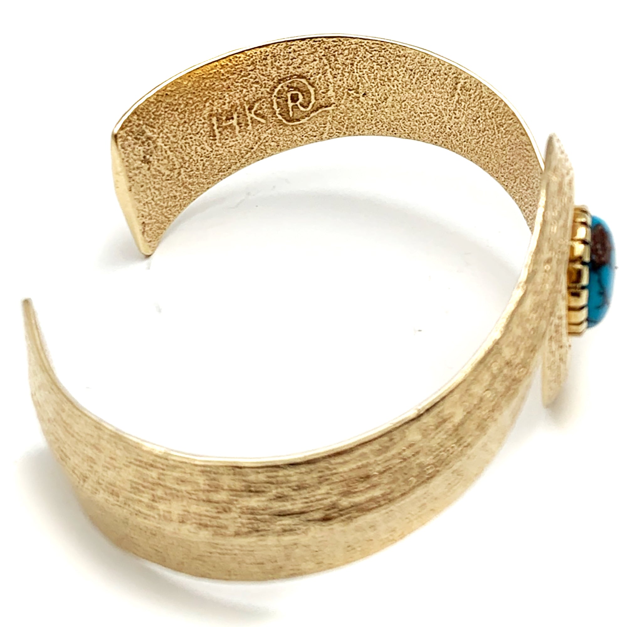 SOLD - Ric Charlie 14k Gold Tufa Cast Cuff Bracelet with Bisbee Turquoise