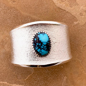 SOLD - Ric Charlie Navajo Sterling Silver Tufa Cast Bracelet with natural turquoise