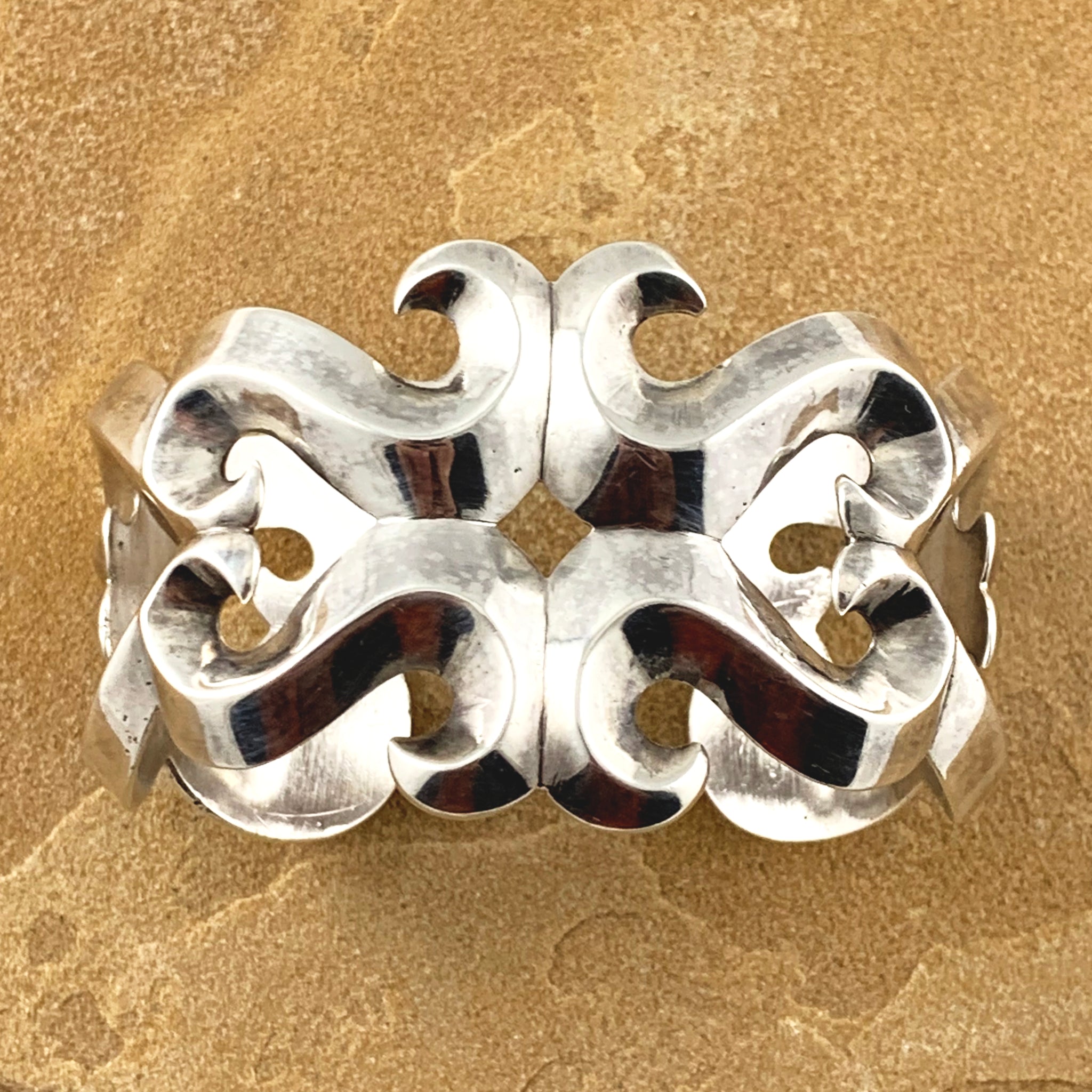 Vintage Navajo Guild Silver Sandcast Scroll Design Bracelet