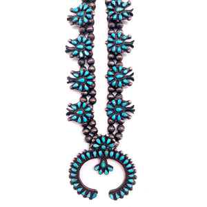 Navajo Squash Blossom Necklace with Needlepoint Turquoise and Matching Screwback Earrings