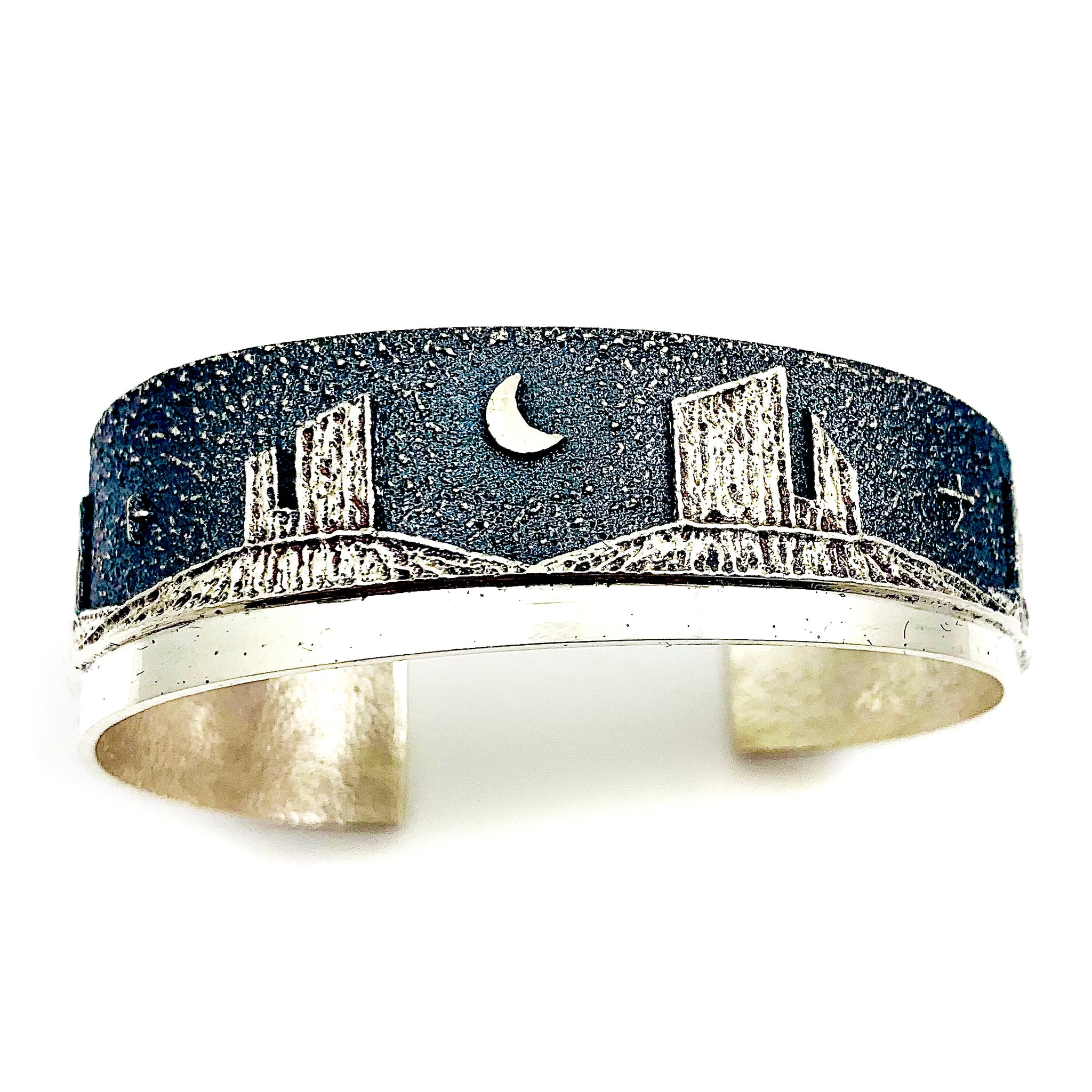 SOLD Ric Charlie - Sterling Silver Tufa Cast Monument Valley Night Scene Bracelet