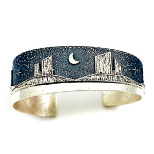 SOLD Ric Charlie - Sterling Silver Tufa Cast Monument Valley Night Scene Bracelet