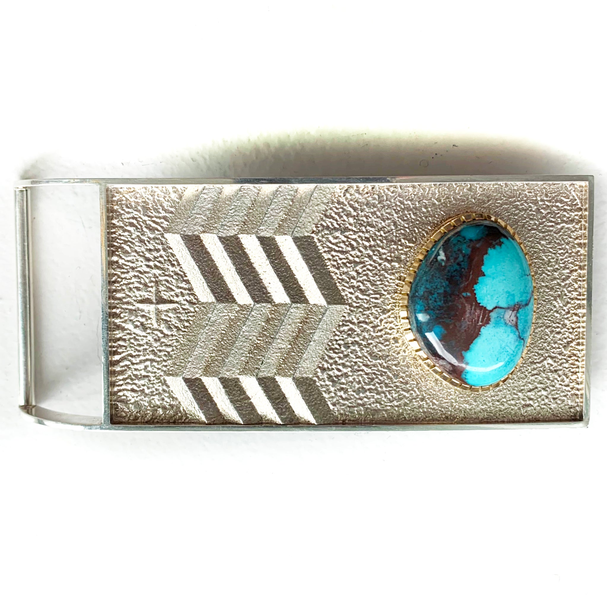 SOLD Silver Belt Buckle 2-sided design and Bisbee Turquoise