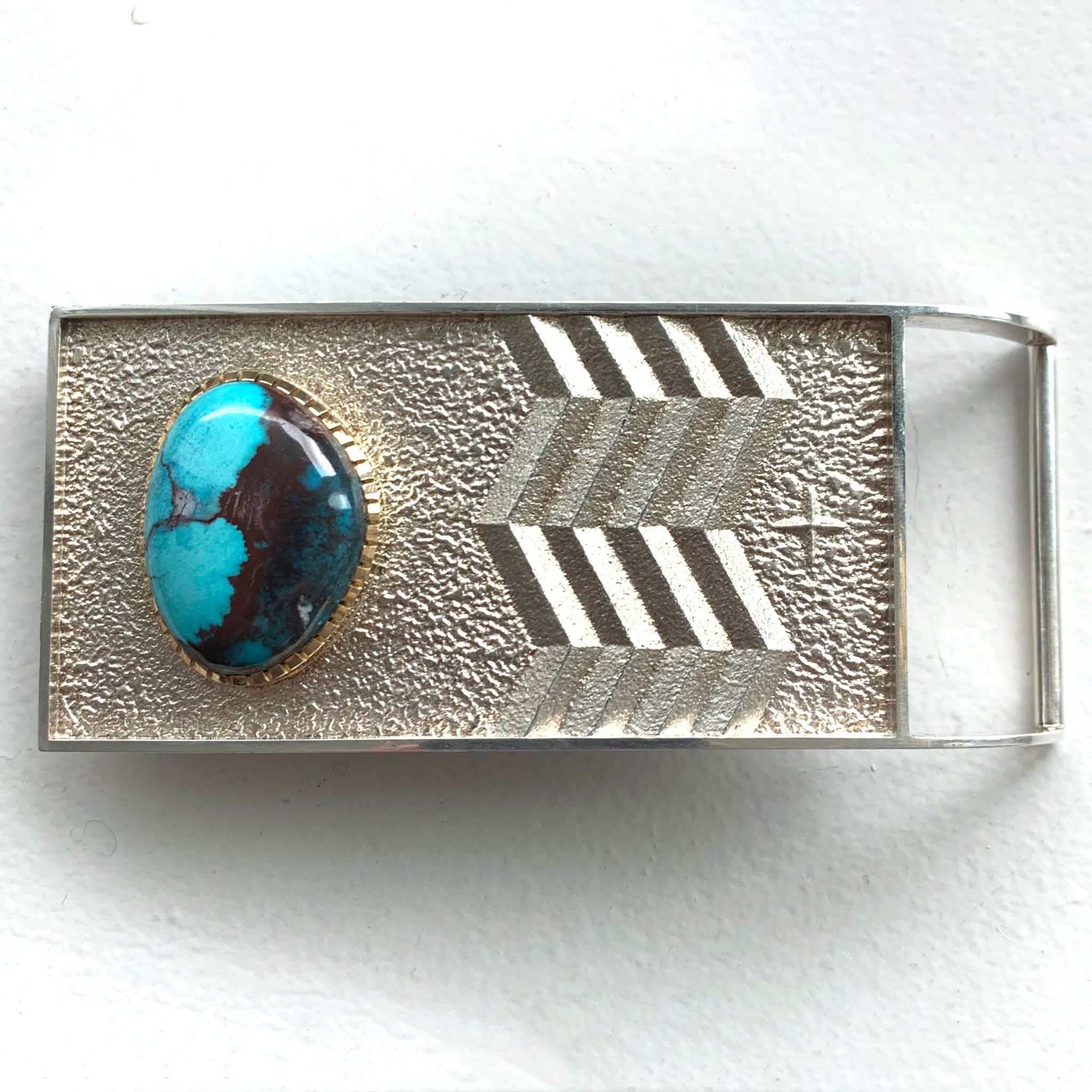 SOLD Silver Belt Buckle 2-sided design and Bisbee Turquoise